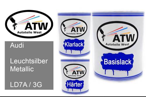 Audi, Leuchtsilber Metallic, LD7A / 3G: 1L Lackdose + 1L Klarlack + 500ml Härter - Set, von ATW Autoteile West.